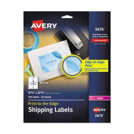 Avery Dennison Avery, VIBRANT LASER COLOR-PRINT LABELS W/ SURE FEED, 3 3/4 X 4 3/4, WHITE, 100PK 6878